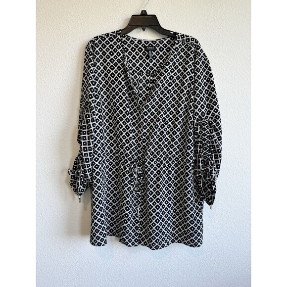 Jones New York Women's Black White Geometric Button Down Tunic Top 3/4 Sleeve 2X - Picture 1 of 13